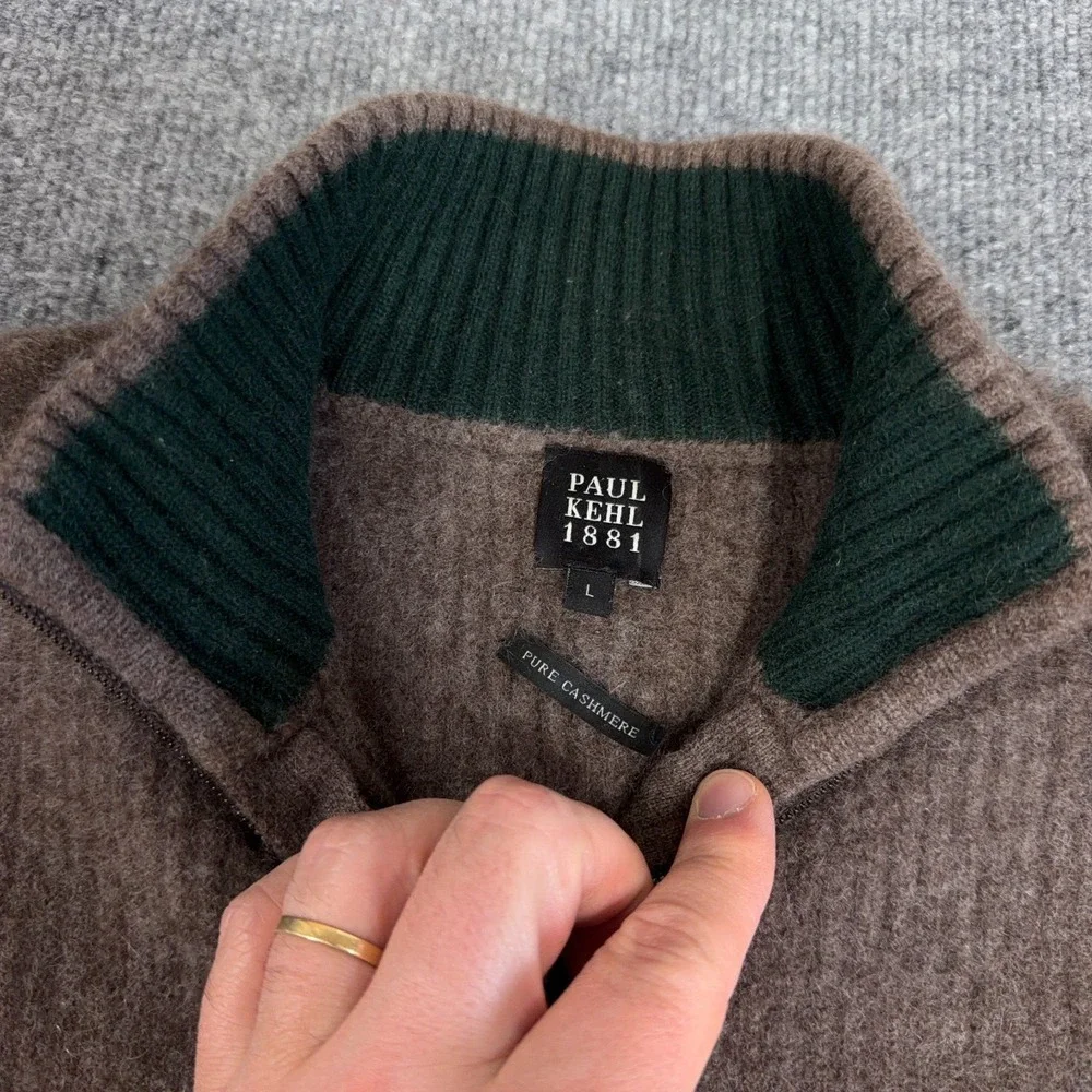 Paul Kehl Sweater Men Large Brown 100% Pure Cashmere Super Soft 1/4 Zip Slim Fit